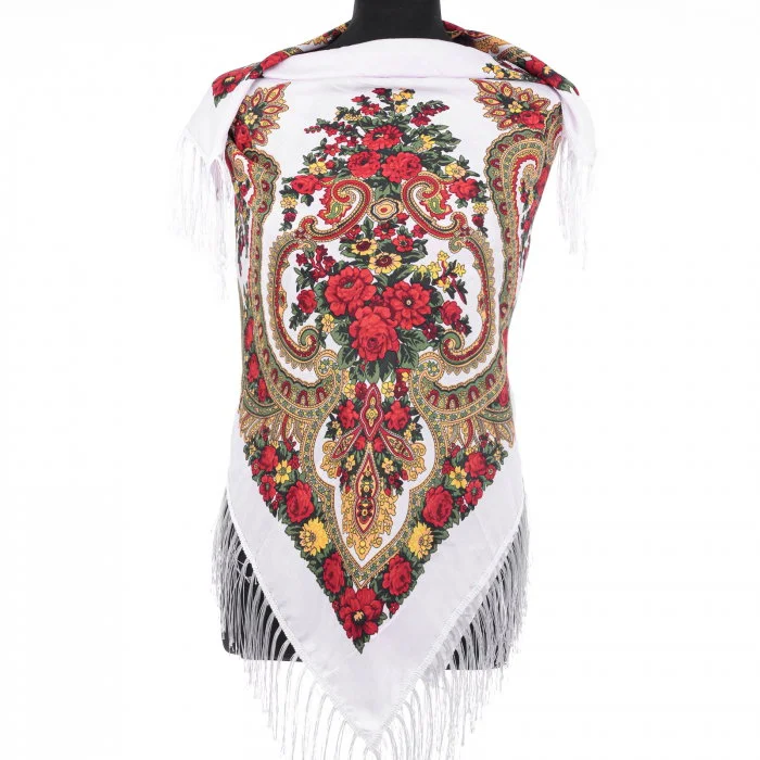 Esarfa gipsy patrata mare, tip Pavlovo Posad cu imprimeu floral traditional pe fond alb