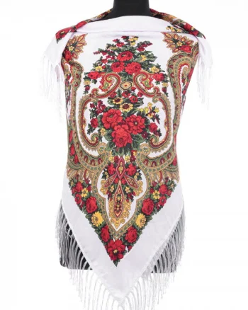 Esarfa gipsy patrata mare, tip Pavlovo Posad cu imprimeu floral traditional pe fond alb