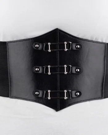 Centura corset lata din piele ecologica cu 3 elemente metalice argintii si elastic la spate