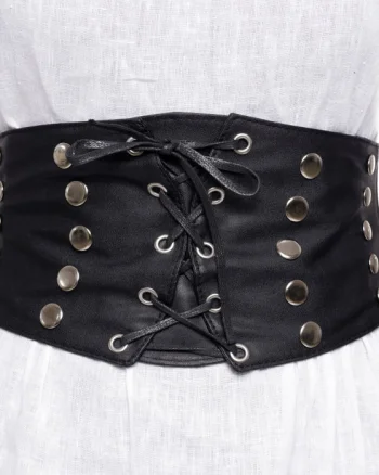 Centura corset lata din piele ecologica cu siret si 4 randuri capse metalice argintii