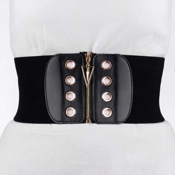 Centura corset lata din piele ecologica cu fermoar si capse in fata si elastic la spate