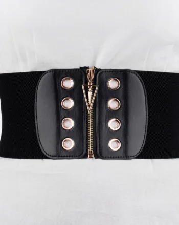 Centura corset lata din piele ecologica cu fermoar si capse in fata si elastic la spate