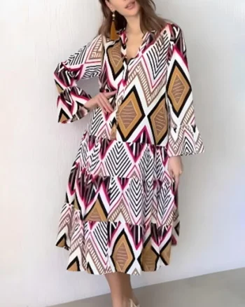 Rochie din bumbac cu volane si imprimeu romburi