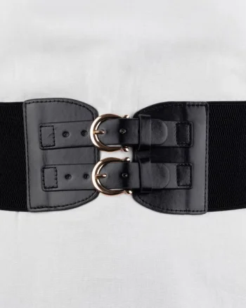 Centura corset lata din piele ecologica cu doua catarame aurii in fata si elastic la spate