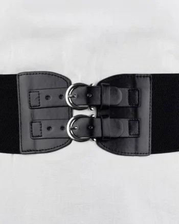 Centura corset lata din piele ecologica cu doua catarame argintii in fata si elastic la spate