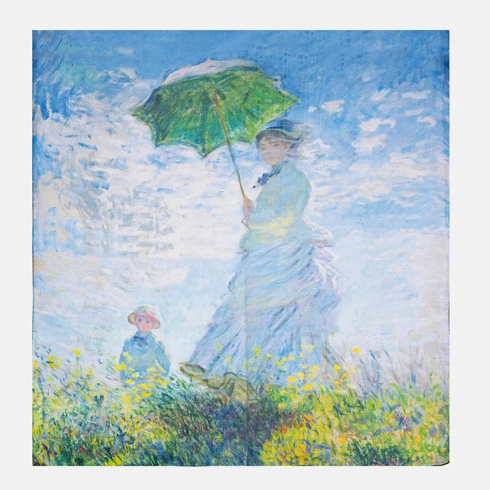 Esarfa patrata cu o singura fata imprimata cu reproducerea dupa   Fata cu umbrela   a lui Claude Monet