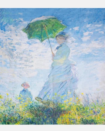 Esarfa patrata cu o singura fata imprimata cu reproducerea dupa   Fata cu umbrela   a lui Claude Monet