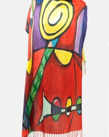 Esarfa cashmere cu doua fete imprimata cu reproducere colorata intens a lui Picasso