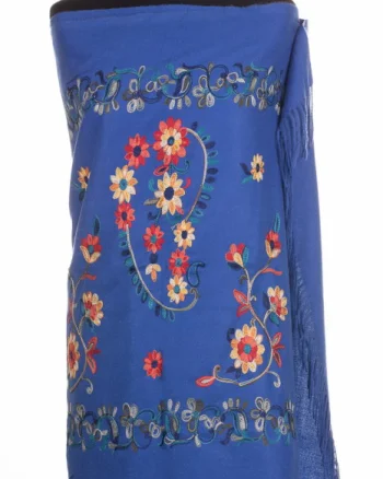 Esarfa cashmere cu model floral brodat pe fond albastru
