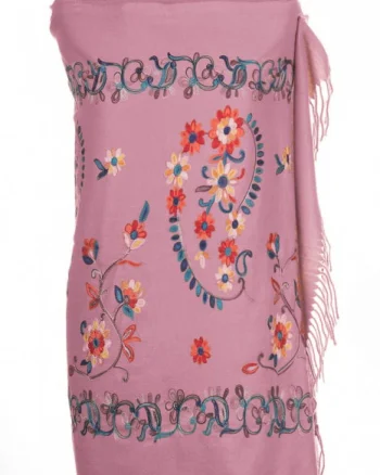 Esarfa cashmere cu model floral brodat pe fond roz inchis