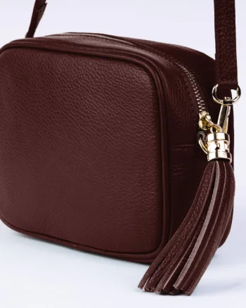 Geanta crossbody visinie din piele naturala, cu ciucure din piele