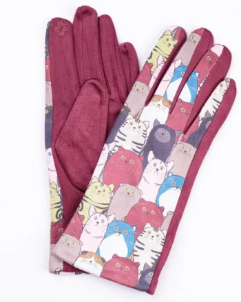 Manusi dama imprimeu pisici grasute pe fond bordo, material catifelat