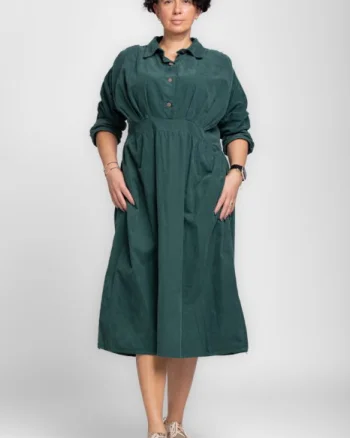 Rochie masura mare din catifea reiata taiata in talie, verde inchis