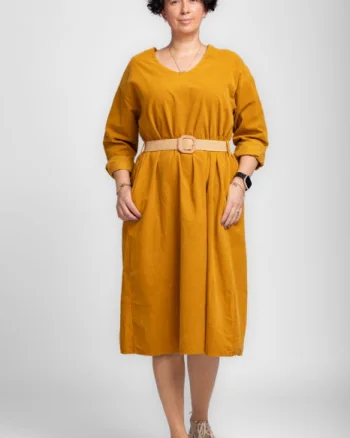 Rochie midi A-line din catifea reiata, cu curea, mustar