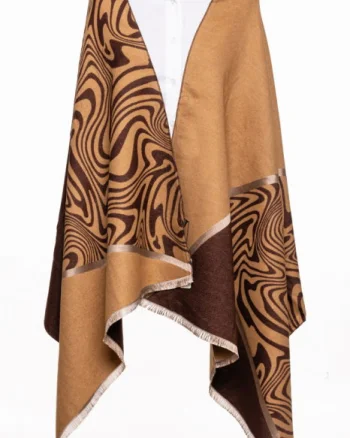 Esarfa premium cashmere cu jocuri de linii si volume, camel si maro