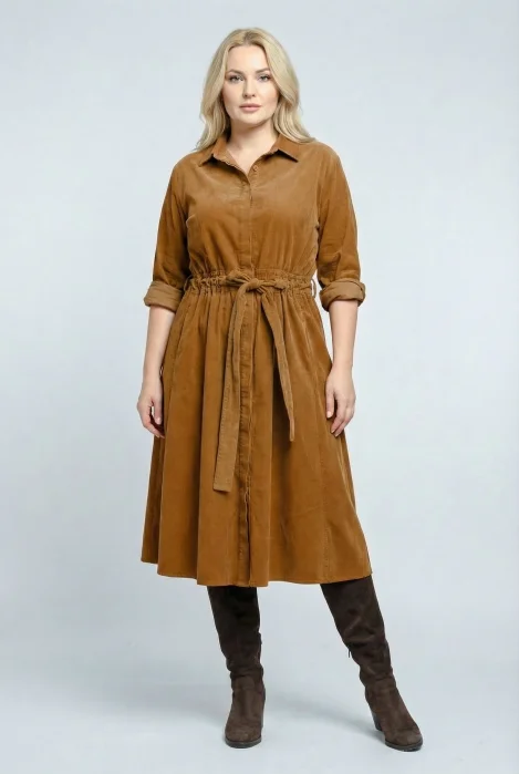 Rochie camasa din catifea reiata cu cordon in talie, camel