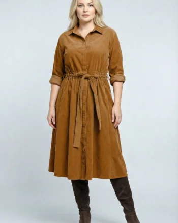 Rochie camasa din catifea reiata cu cordon in talie, camel