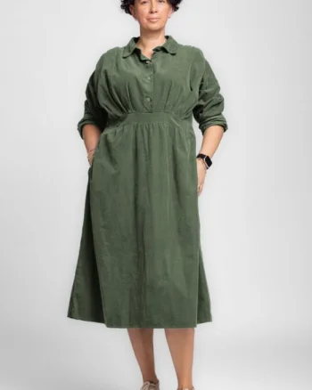 Rochie masura mare din catifea reiata taiata in talie, verde kaki