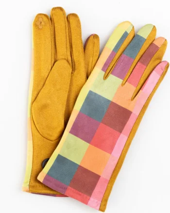 Manusi dama imprimeu patrate multicolore pe fond galben, material catifelat