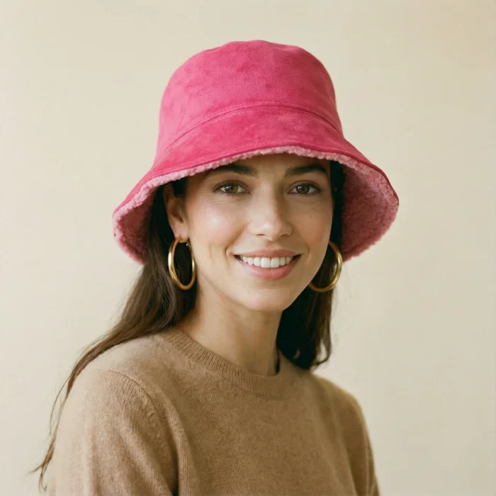 Palarie clos reversibila cu o fata blanita si o fata catifelata, fucsia