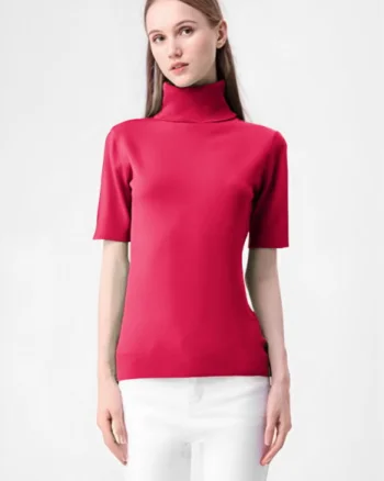 Helanca pulover cu maneca scurta si guler inalt, fucsia