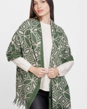 Esarfa din casmir cu motive geometrice bej pe fond verde