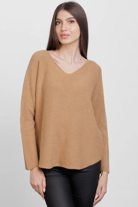 Pulover versatil cu decolteu V, din vascoza, camel