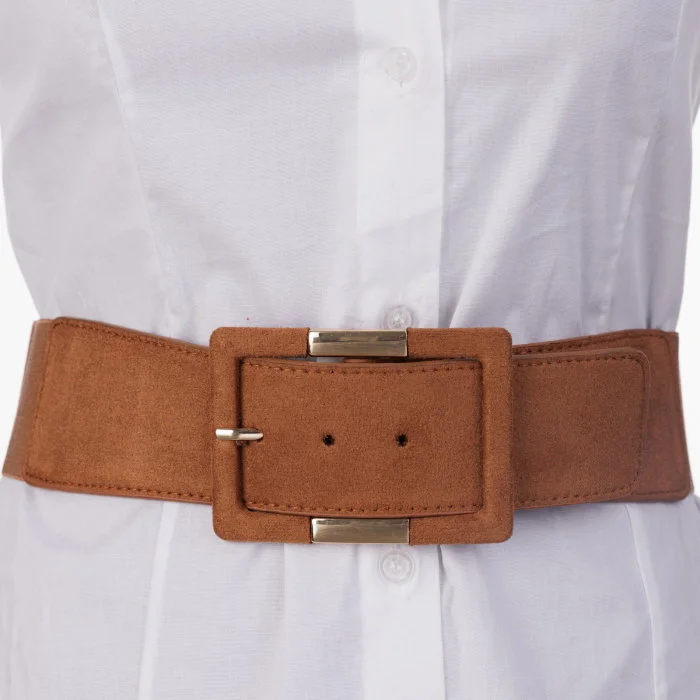 Curea elastica cu piele ecologica camel si catarama dreptunghiulara cu decoratiune aurie