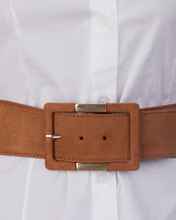 Curea elastica cu piele ecologica camel si catarama dreptunghiulara cu decoratiune aurie