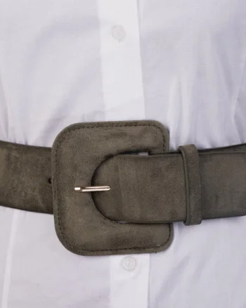 Curea elastica cu piele intoarsa ecologica kaki si catarama dreptunghiulara cu colturi rotunjite