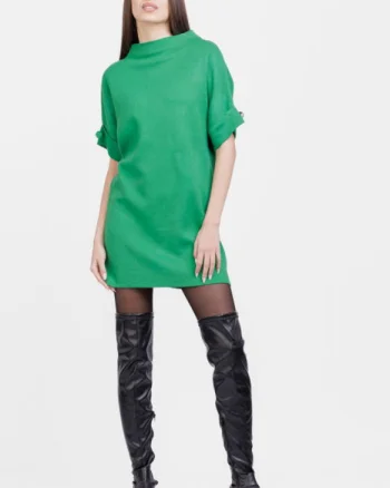 Rochie scurta tricotata, cu maneca scurta si nasture, din vascoza, verde