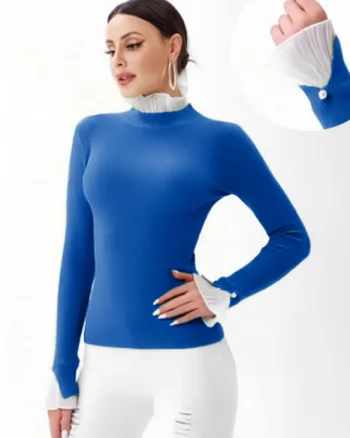 Pulover albastru cu volanas plisat la maneca si la gat