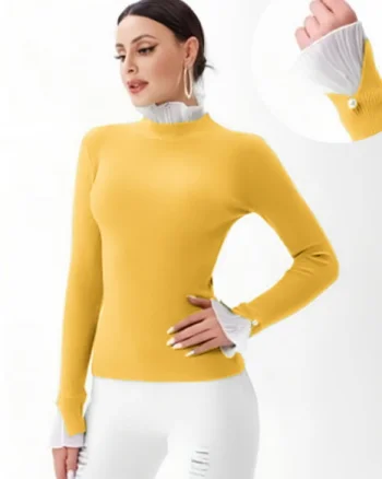 Pulover galben cu volanas plisat la maneca si la gat