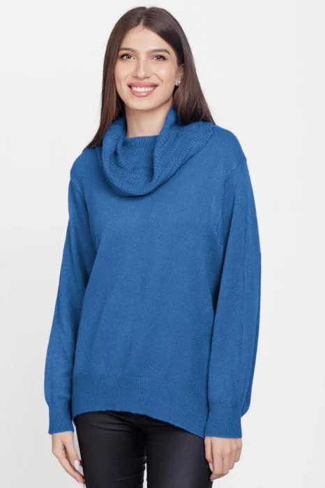 Pulover cu guler inalt elegant, din vascoza si lana, albastru