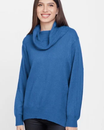 Pulover cu guler inalt elegant, din vascoza si lana, albastru
