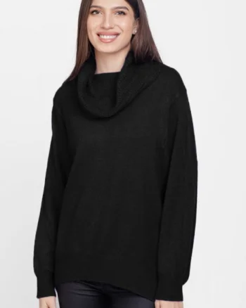 Pulover cu guler inalt elegant, din vascoza si lana, negru