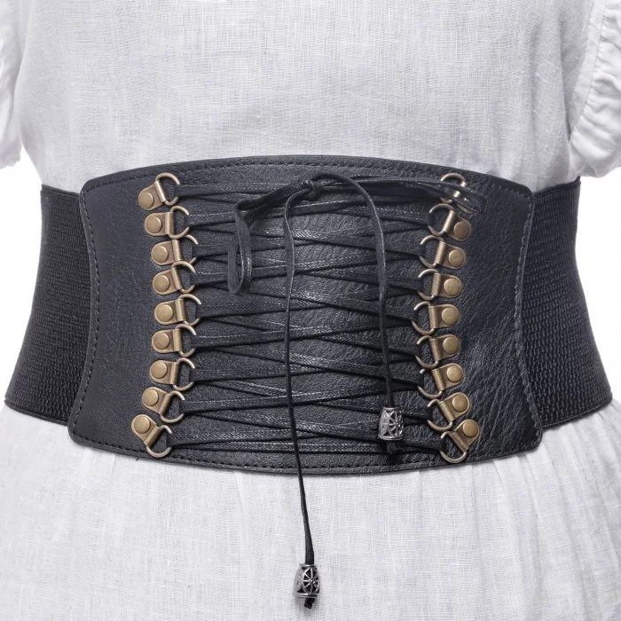 Centura corset lata din piele ecologica cu siret si elemente metalice aurii patinate