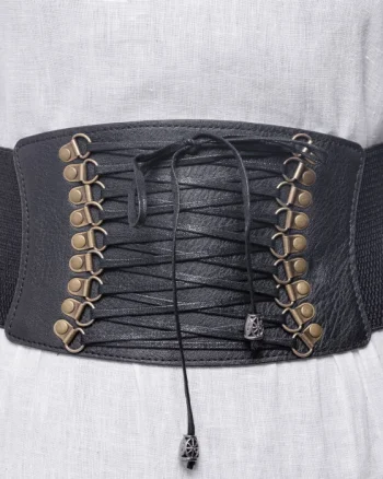 Centura corset lata din piele ecologica cu siret si elemente metalice aurii patinate
