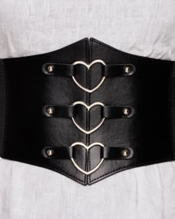 Centura corset lata din piele ecologica cu 3 inele metalice argintii in forma de inimi si elastic la spate