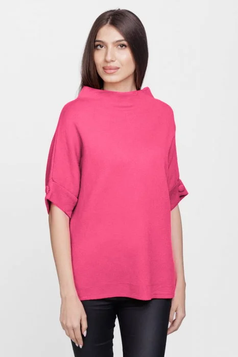 Pulover elegant cu maneca scurta si nasture, din vascoza, fucsia