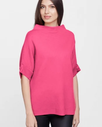 Pulover elegant cu maneca scurta si nasture, din vascoza, fucsia