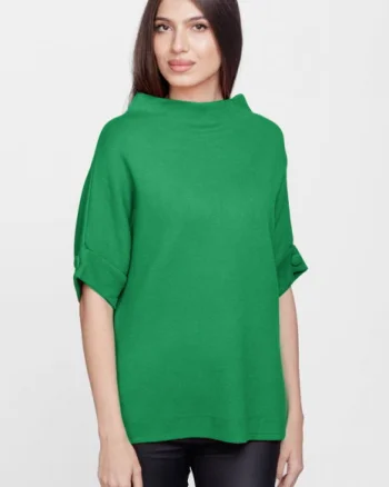 Pulover elegant cu maneca scurta si nasture, din vascoza, verde