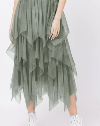 Fusta din tulle, in straturi inegale, lunga, kaki