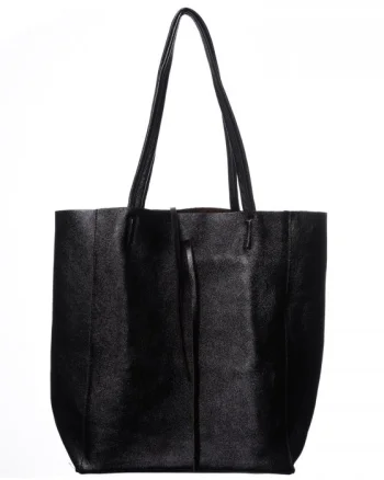 Geanta shopper din piele naturala, negru metalizat