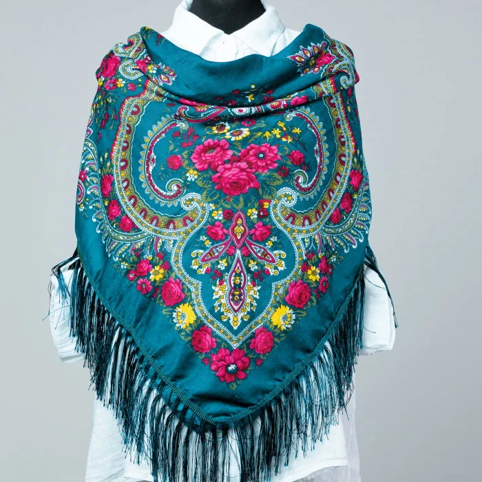 Esarfa gipsy patrata mare, tip Pavlovo Posad cu imprimeu floral traditional pe fond turcoaz inchis