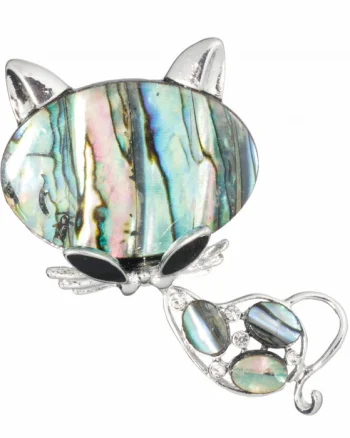 Brosa pandant argintie cu scoica naturala paua shell si pietricele argintii - pisicuta cu ochelari