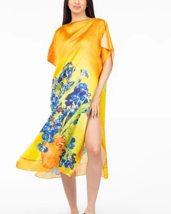 Rochie de plaja lunga tip poncho din matase cu imprimeu inspirat din pictura    Irisi   a lui Vincent Van Gogh
