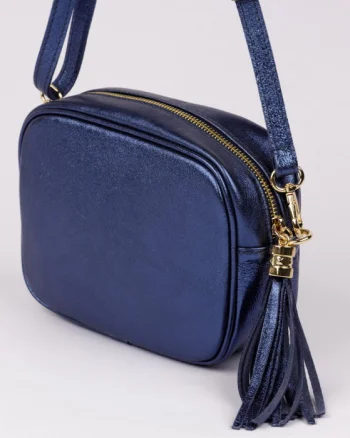 Geanta crossbody albastru metalizat din piele naturala, cu ciucure din piele