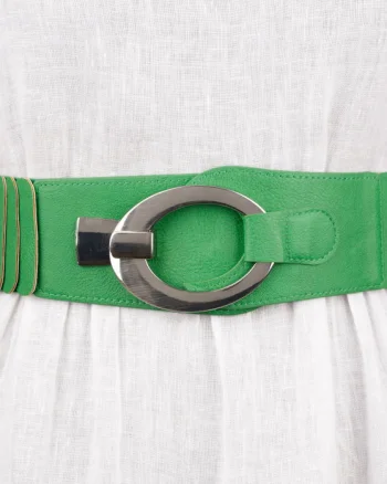 Curea elastica cu solzi din piele ecologica verde de 6 cm latime cu catarama ovala argintie