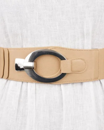 Curea elastica cu solzi din piele ecologica bej de 6 cm latime cu catarama ovala argintie
